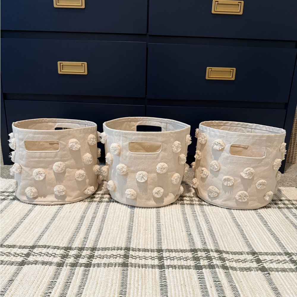 Set of 3 Pehr Pint Natural Pom Pom Baskets Storage Bins